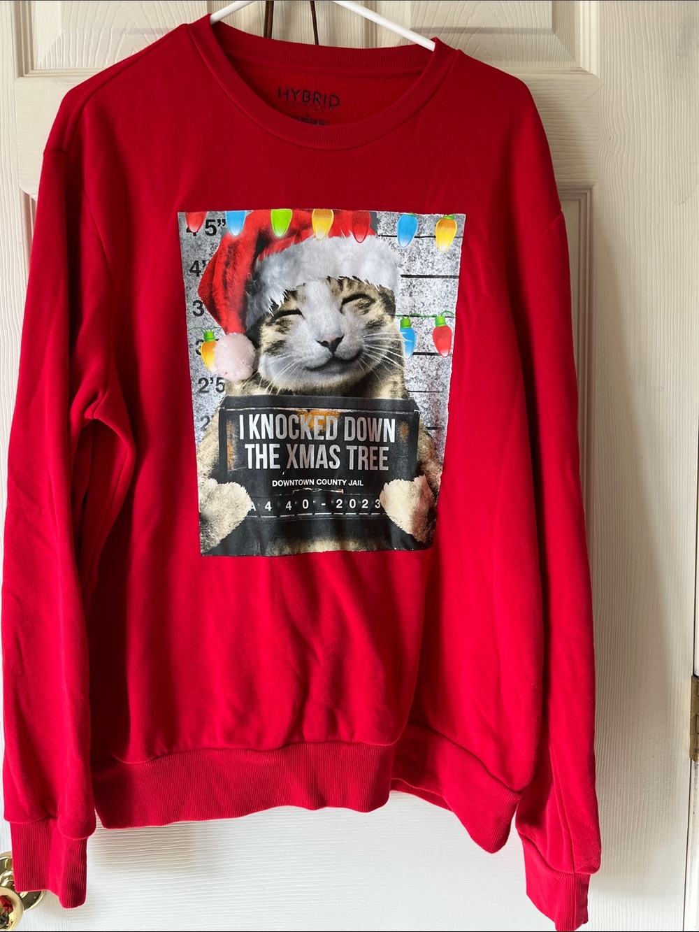 Hybrid Apparel Red Cat Christmas Sweatshirt with Holiday Mugshot Graphic